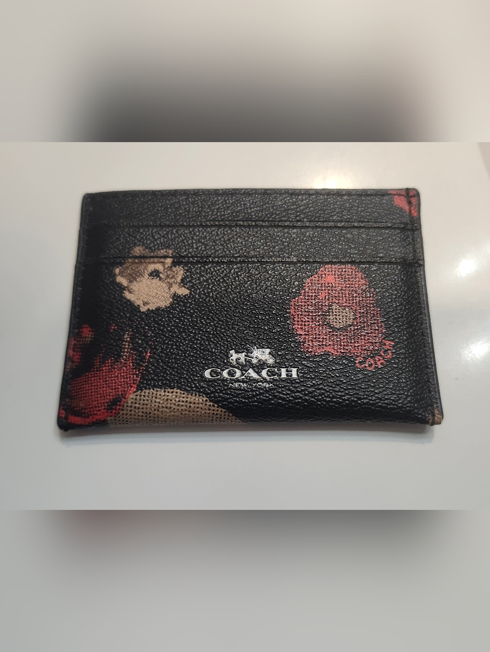 EUC Authentic Coach Black Floral Leather Card Case with Silver Accents